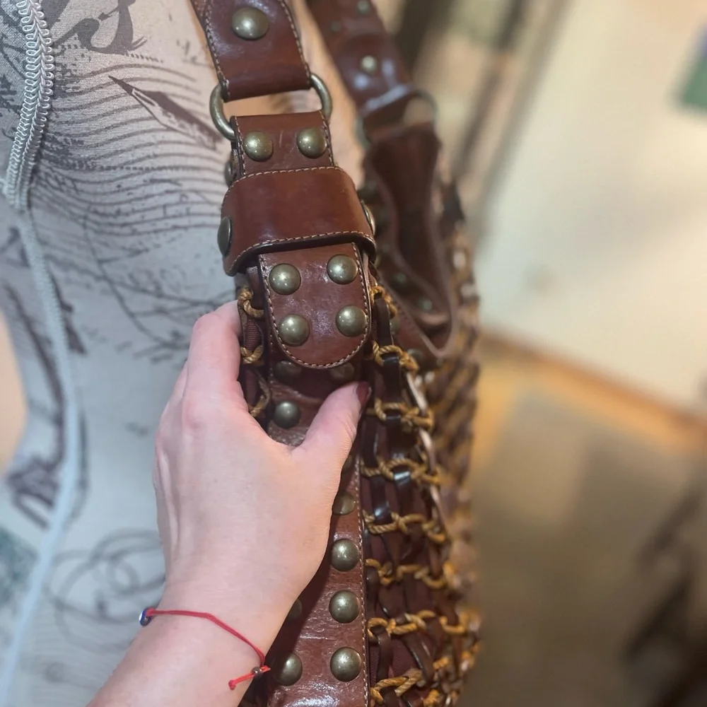 Kooba Brown Leather Studded Hobo Shoulder Bag